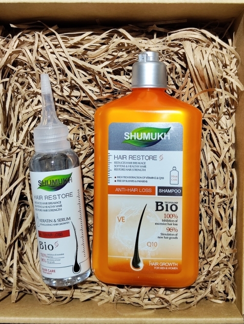 Шампунь + сыворотка против ломкости волос с витаминным комплексом VE и Q10 SHUMUKH, 400мл./100мл.