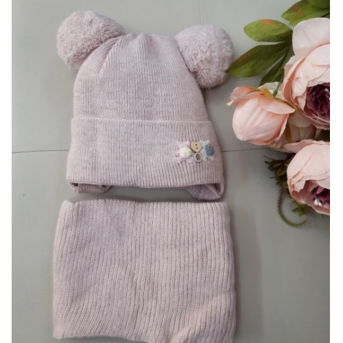 Зимний комплект на девочку шапка и снуд, пудровый (1-5лет)